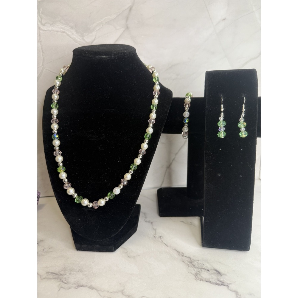 green, pink and silvebeaded jewelry set handmade necklace, bracelet and earrings